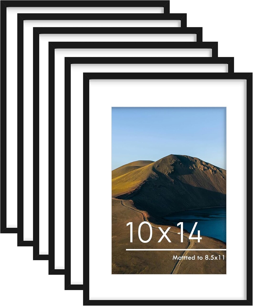 10x14 Picture Frame Set of 6, Display Pictures 8.5 x 11 with Mat or 10 x 14 Without Mat for Wall Mounting Display, Photo Frames Collage for Wall Decor, Black.